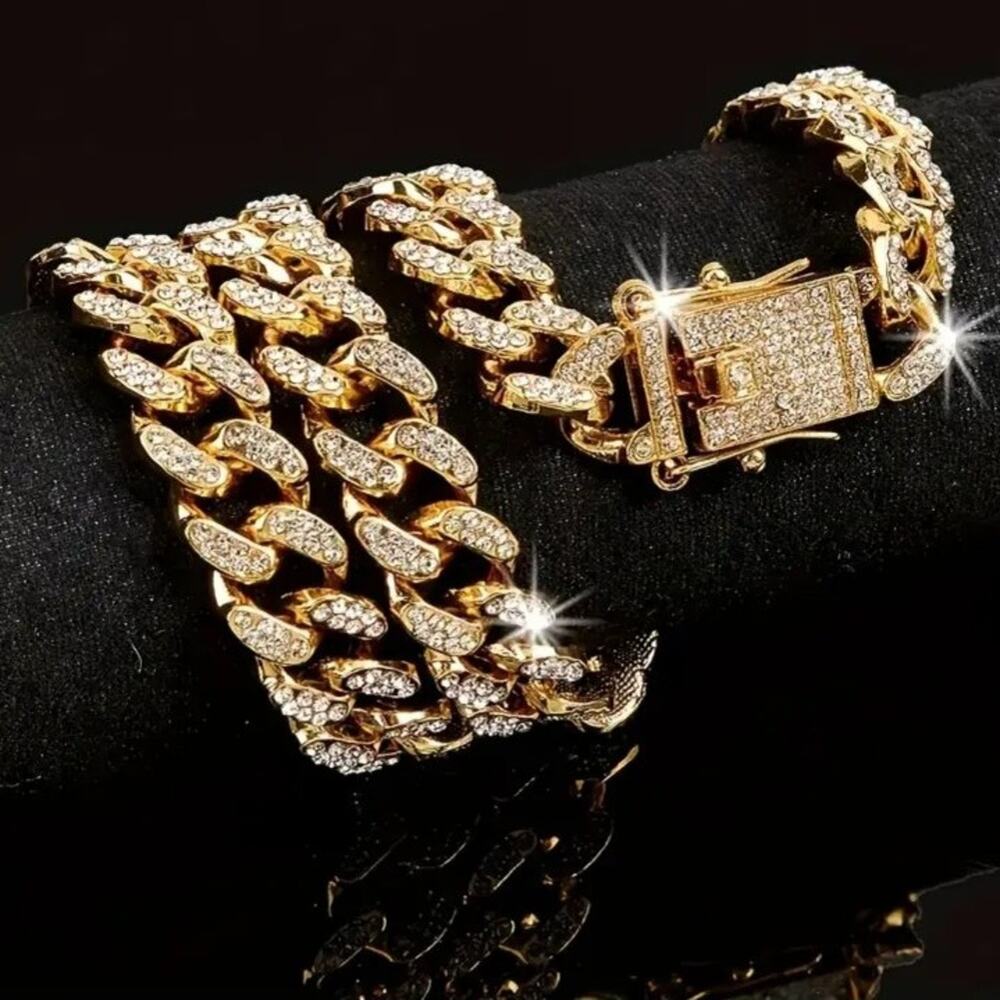 Iced Out 18k Gold Plated Cuban Necklace Bracelet Set THICK 12mm Miami Bling NEW
